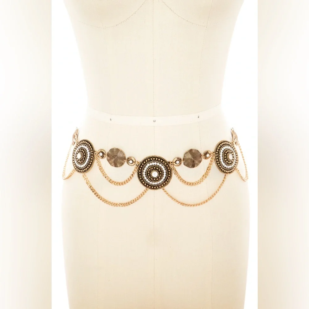 Gold or Silver Vintage Inspired Boho Medallion Chain Statement Belt